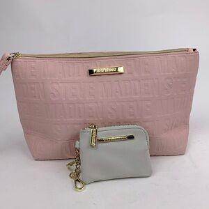 Steve Madden Large Wristlet Clutch & wallet Keychain Set Gold Zippers Pink gray